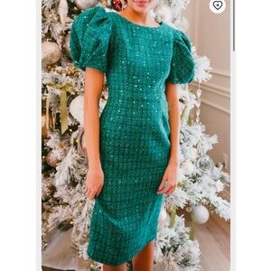 NWT Ivy City Co Holly Tweed Green Sparkle Dress Size Large Sequin Puffed Sleeves